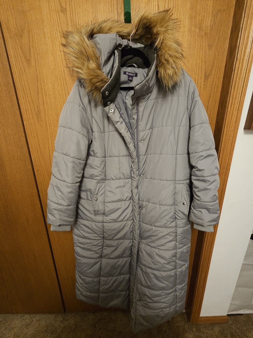 Roaman's Long Quilted Puffer Coat with Faux Fur Trim - Light Gray